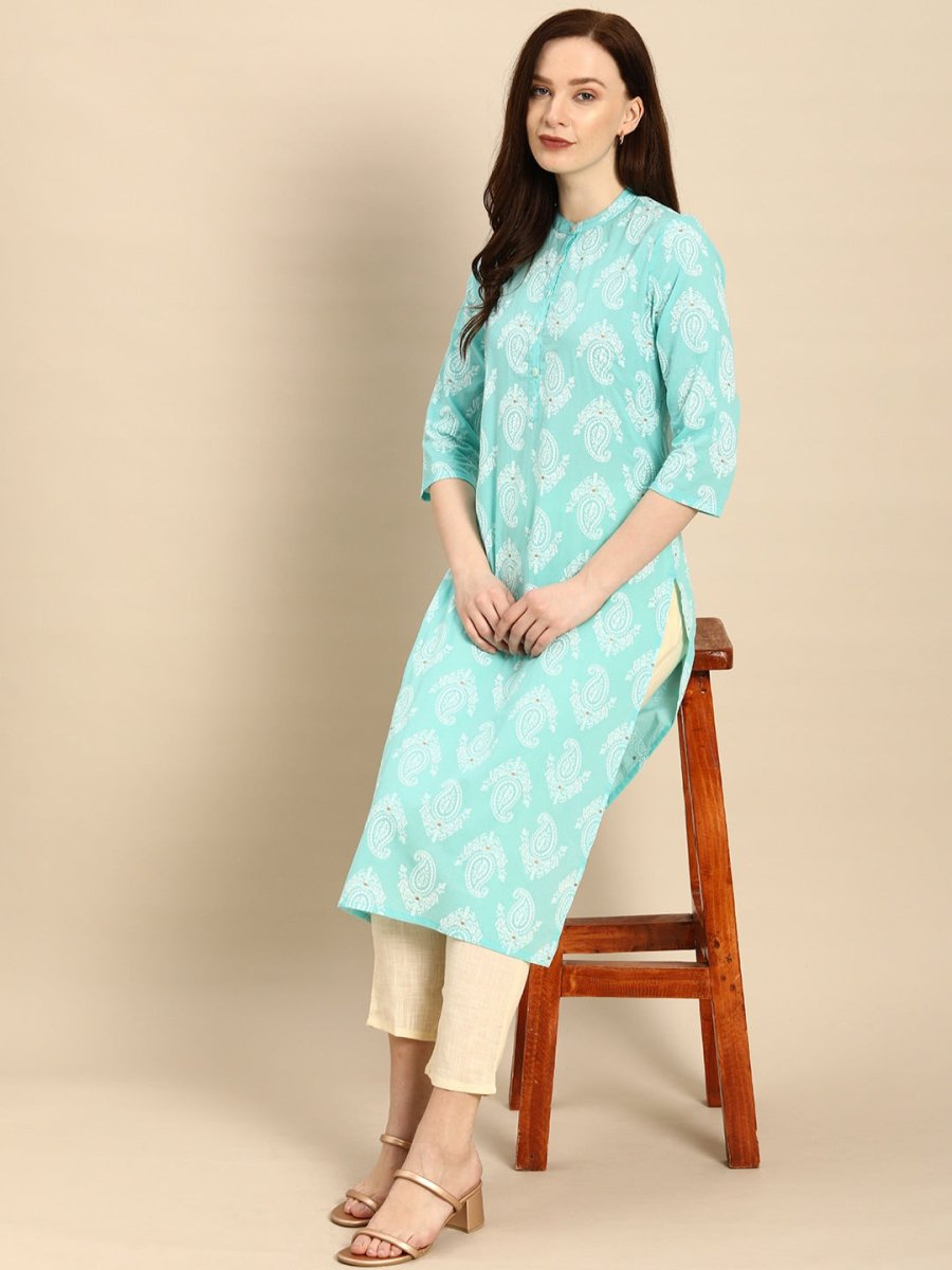 All About You Women Turquoise Blue & White Printed Pure Cotton Straight Kurta | Grocsy