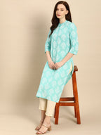All About You Women Turquoise Blue & White Printed Pure Cotton Straight Kurta | Grocsy