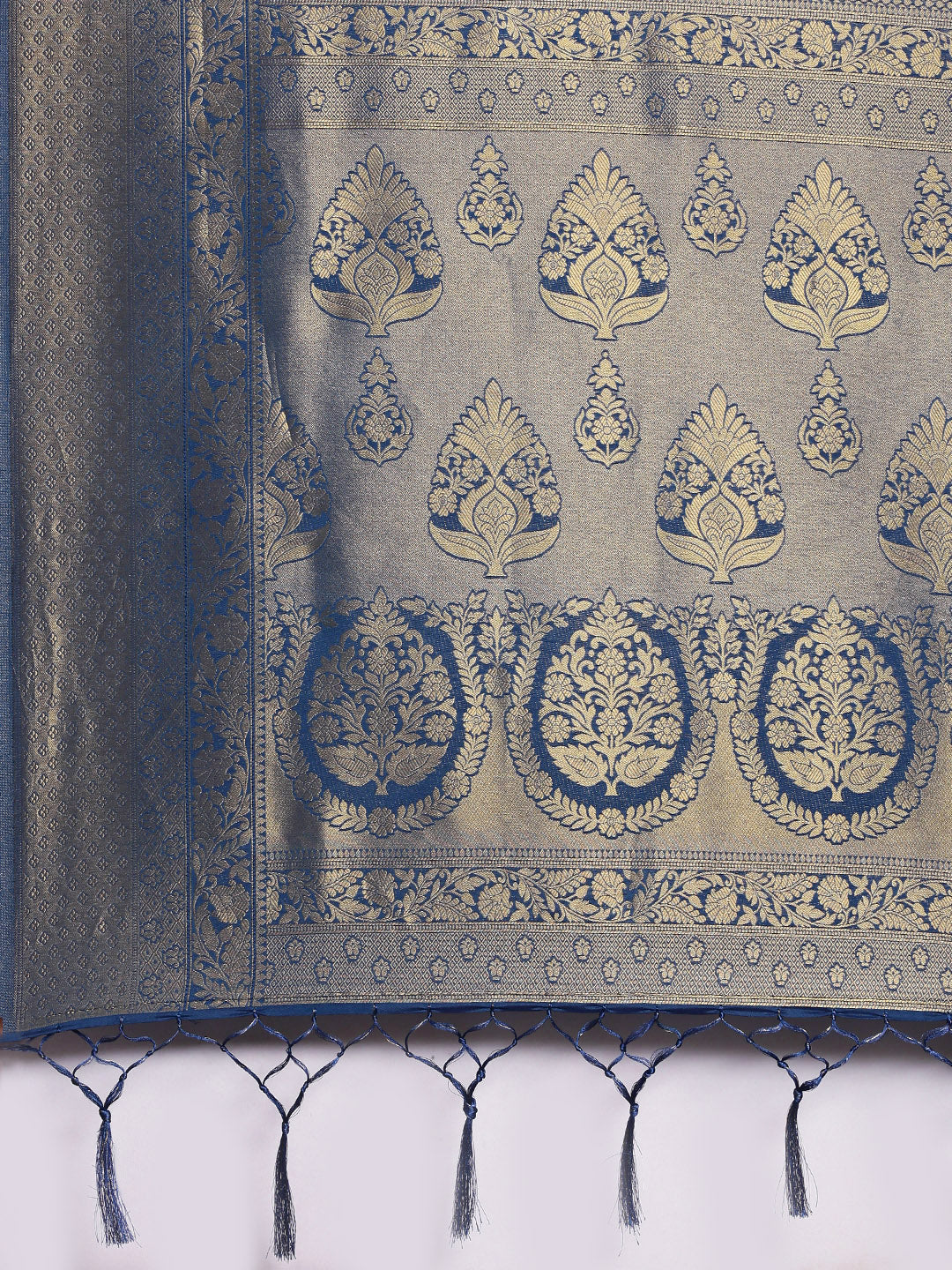 Saree Mall Navy Blue Ethnic Motifs Zari Silk Blend Banarasi Saree | Grocsy