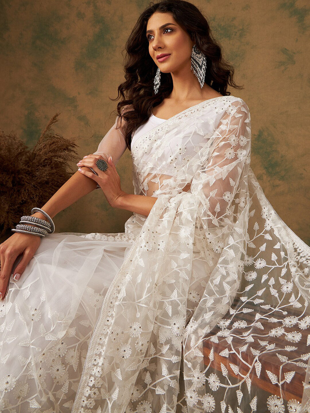 Sangria Embroidered Net Sarees | Grocsy