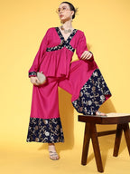 InWeave Women's Fuchsia Blue Brocade Mughal Shaan Kurta Palazzo Set | Grocsy