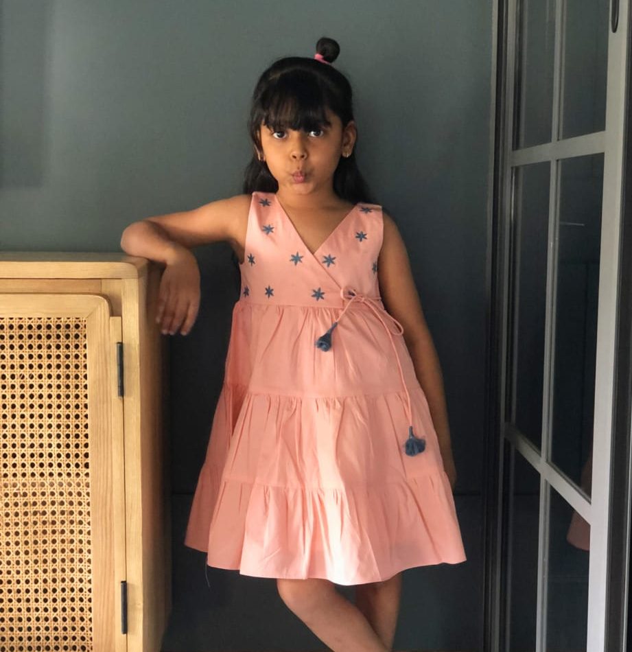 ArthLife Peach Flower Embroidered Tiered Dress | Grocsy
