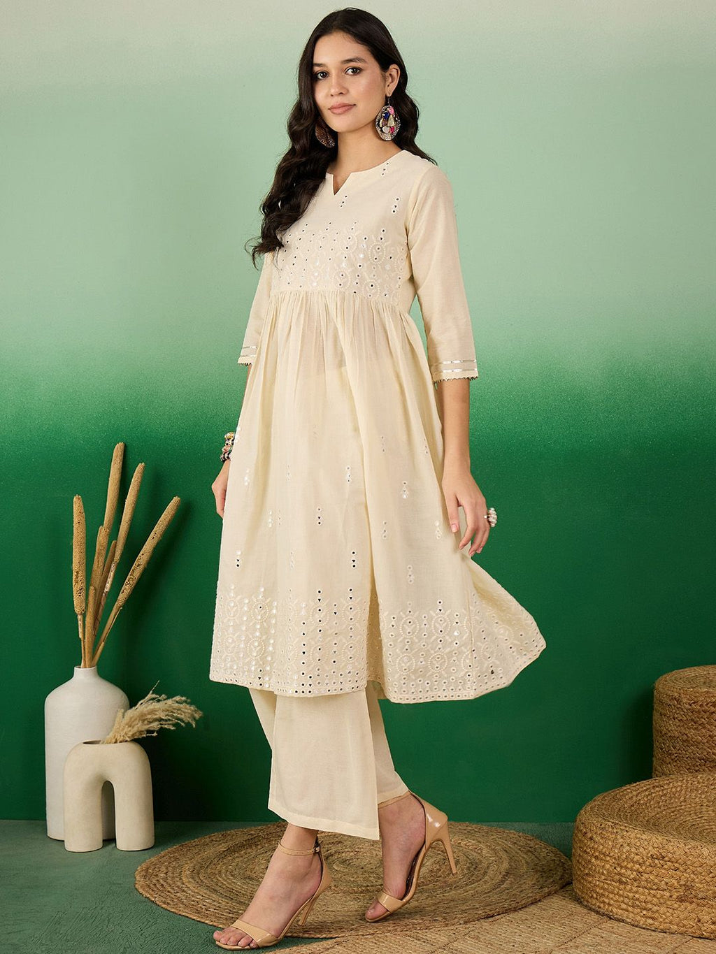 Sangria Off White Floral Embroidered Mirror Work Pure Cotton Anarkali Kurta Set | Grocsy