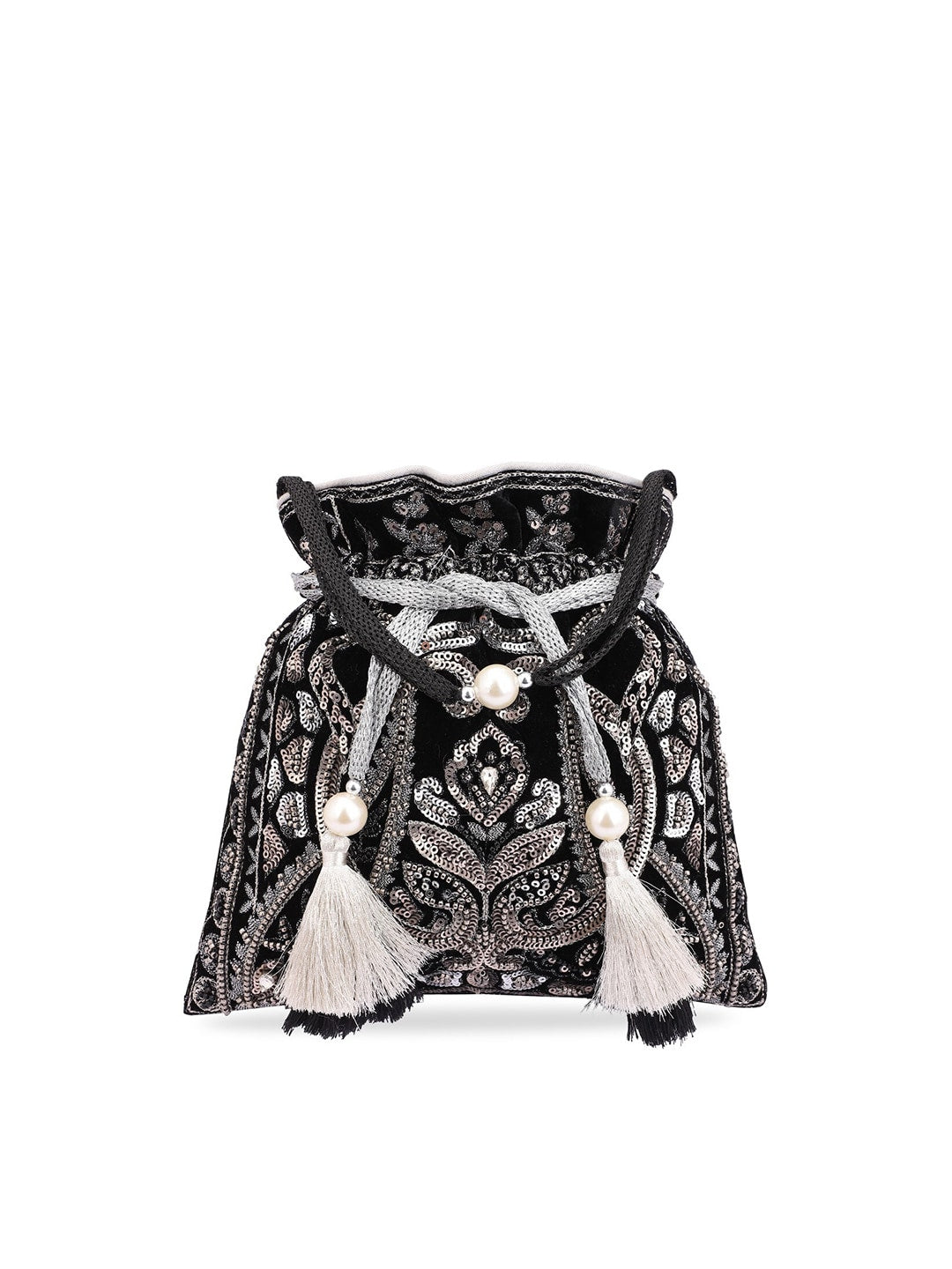Masq Black & Silver-Toned Embellished Potli Clutch | Grocsy