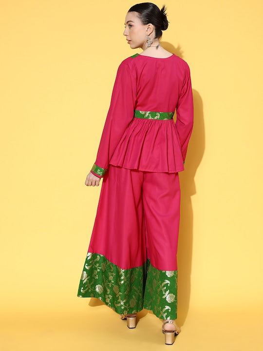 InWeave Women's Fuchsia Green Brocade Mughal Shaan Kurta Palazzo Set | Grocsy
