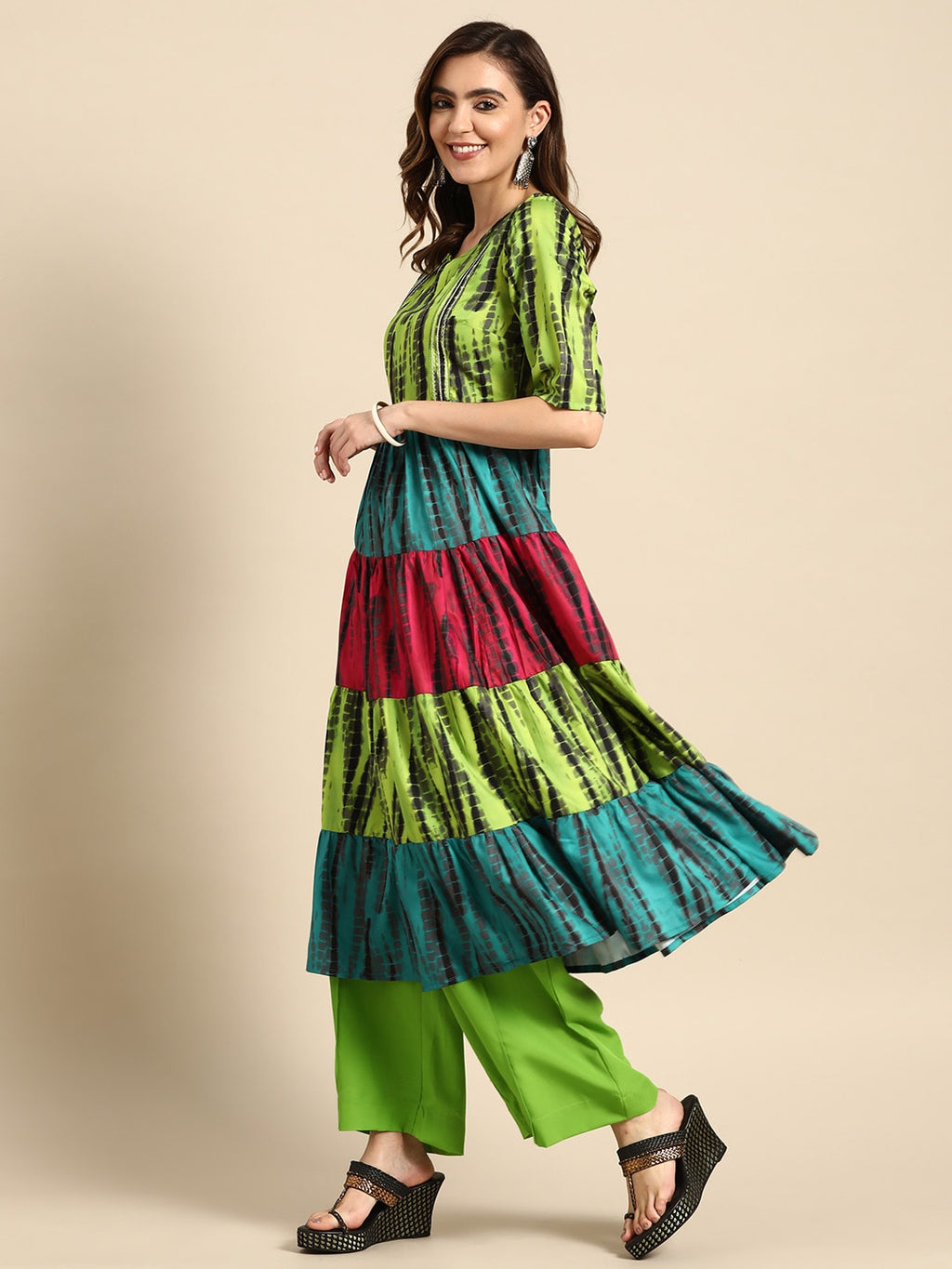 Sangria Women Green Dyed Tiered Kurta with Palazzos | Grocsy