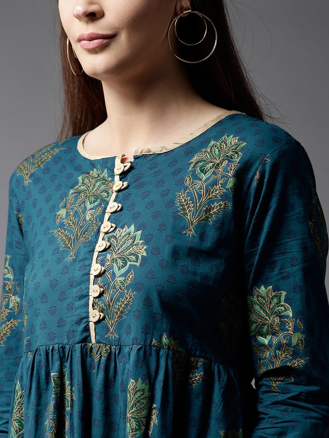 HERE&NOW Women Teal & Green Printed A-Line Kurta | Grocsy