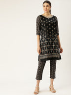 All About You Women Black & Golden Printed Sequinned Kurta with Trousers | Grocsy