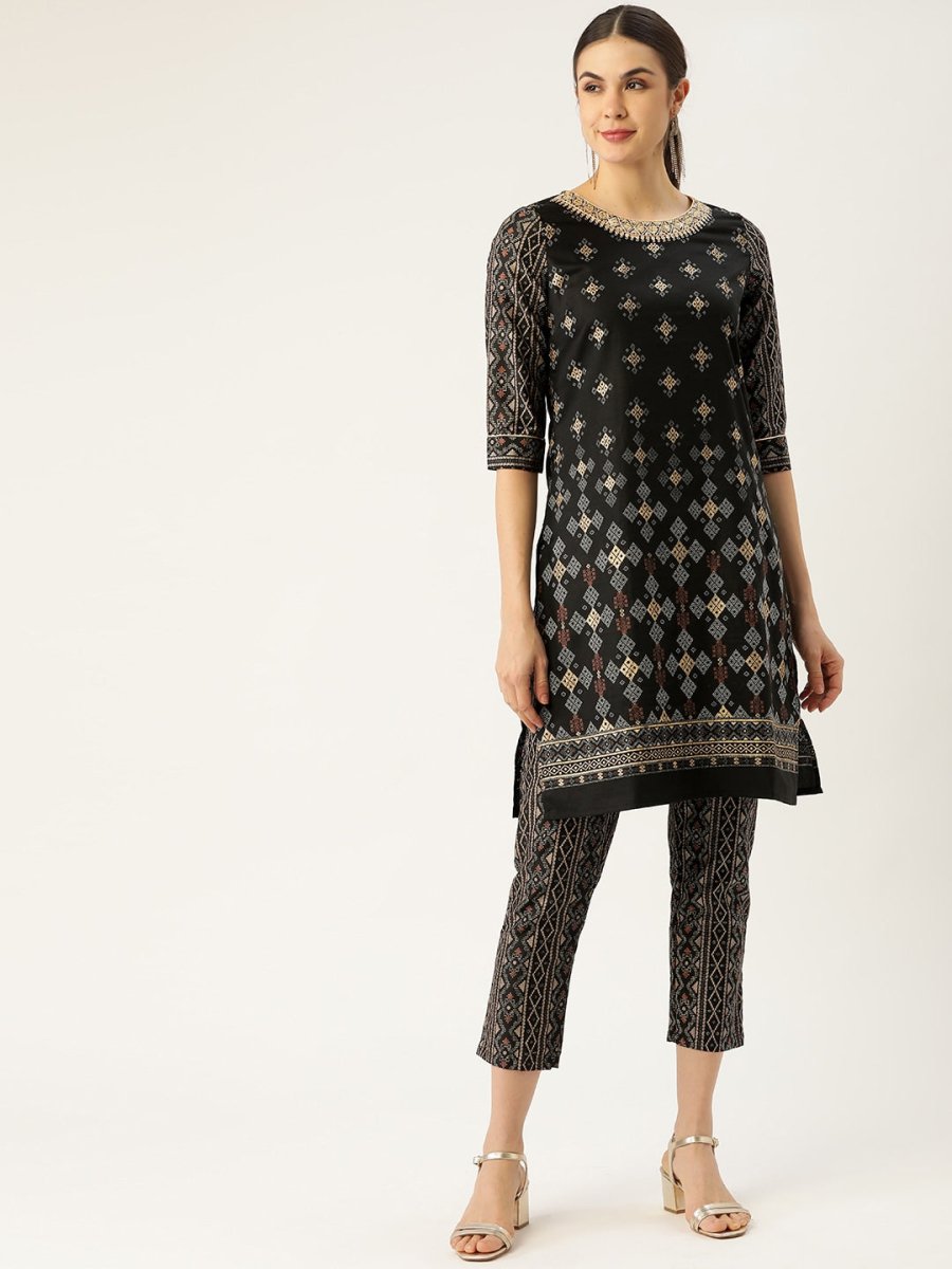 All About You Women Black & Golden Printed Sequinned Kurta with Trousers | Grocsy