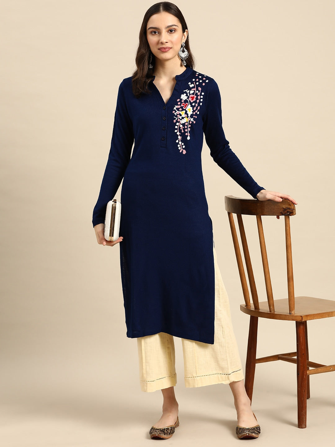 Sangria Women Navy Blue & White Floral Acrylic Straight Winter Kurta | Grocsy