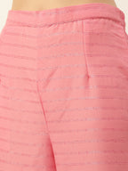 Sangria Peach-Coloured Zari Gotta Patti Pleated A-Line Pure Cotton Kurti With Palazzo | Grocsy