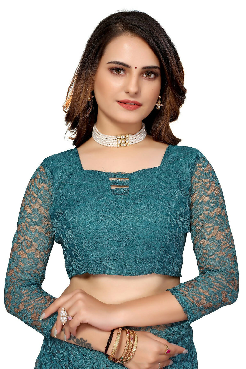 Vamika Rama Green Pearls Net Saree | Grocsy