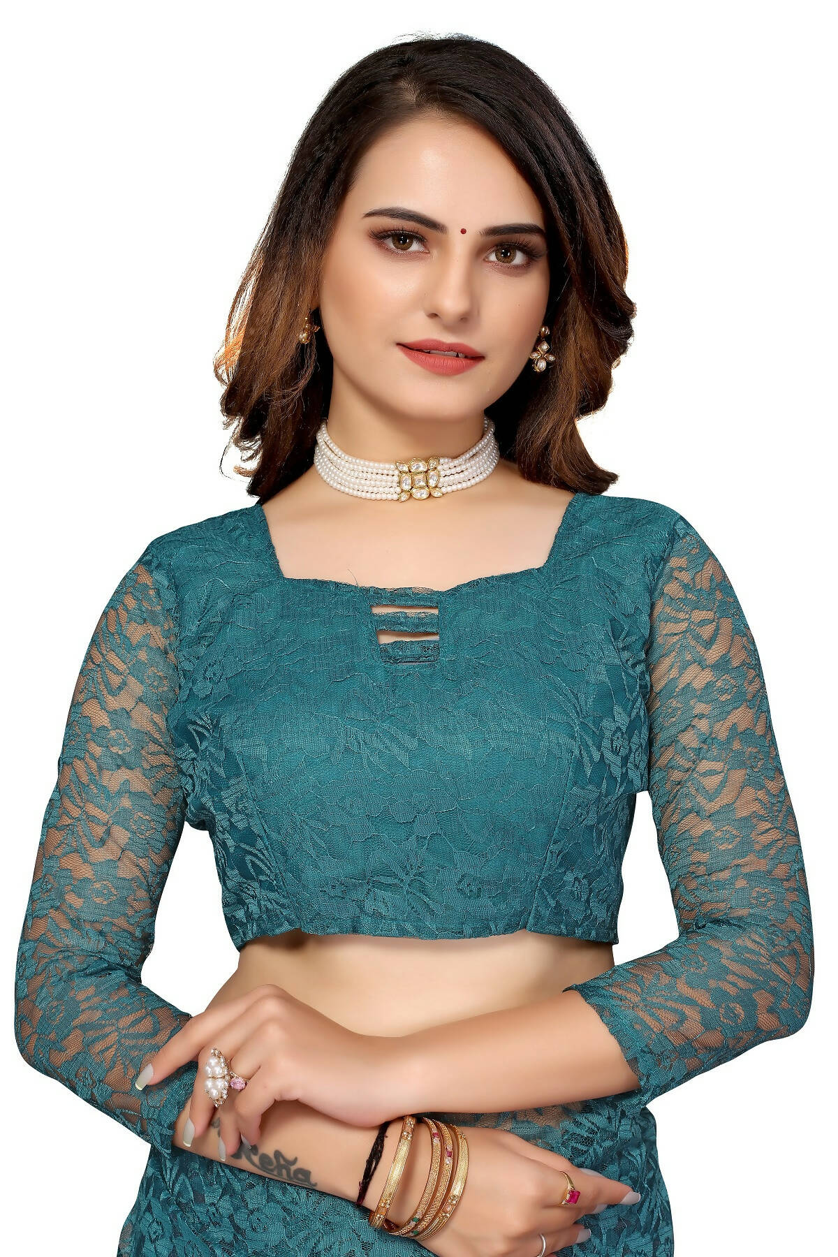 Vamika Rama Green Pearls Net Saree | Grocsy