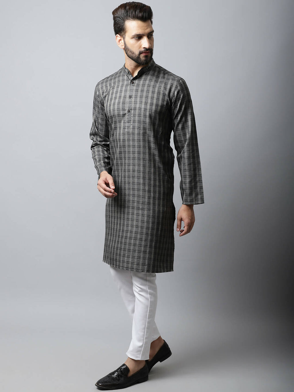 Even Apparels Brown Color Cotton Checked Men's Kurta With Band Collar (CHK1157) | Grocsy