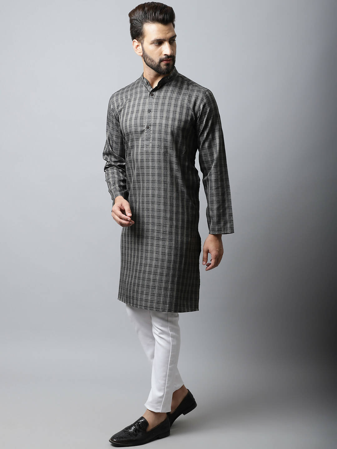 Even Apparels Brown Color Cotton Checked Men's Kurta With Band Collar (CHK1157) | Grocsy