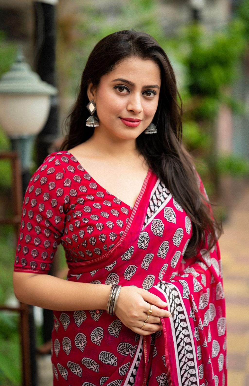 Rani Poly Georgette Ajrak Saree with Unstitched Blouse - Hiral Fashion | Grocsy