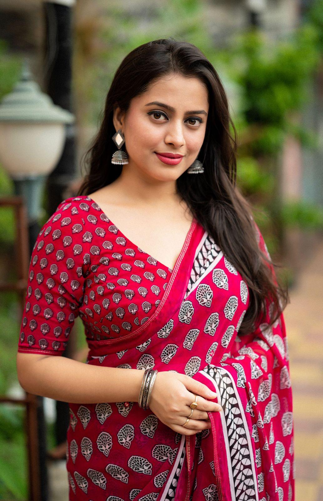 Rani Poly Georgette Ajrak Saree with Unstitched Blouse - Hiral Fashion | Grocsy