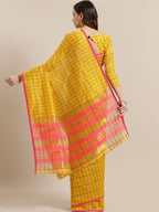 Saree Mall Mustard & Coral Checked Silk Cotton Sarees | Grocsy