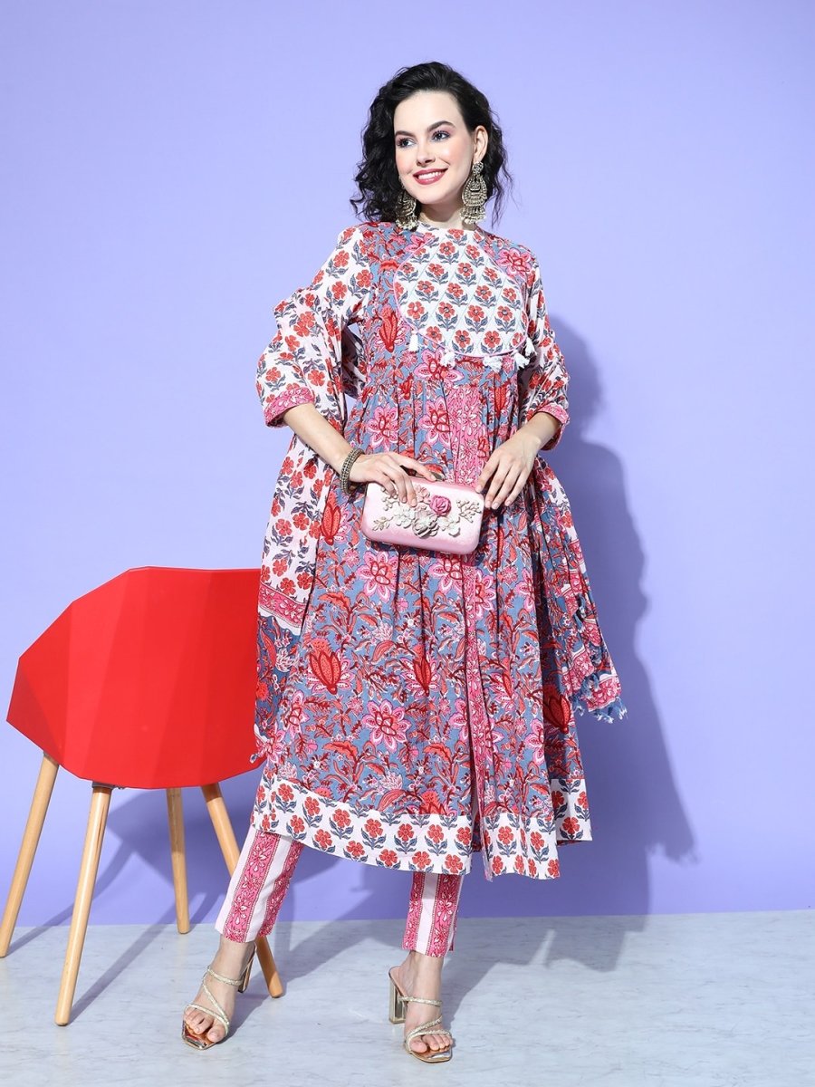 All About You Floral Printed Mirror Work Pure Cotton Kurta With Trousers & Dupatta | Grocsy