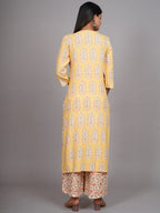 HERE&NOW Women Yellow Floral Printed Thread Work Kurta with Palazzos & With Dupatta | Grocsy