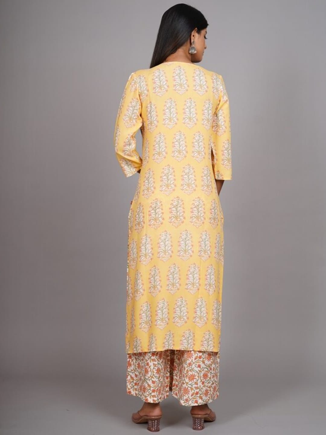 HERE&NOW Women Yellow Floral Printed Thread Work Kurta with Palazzos & With Dupatta | Grocsy