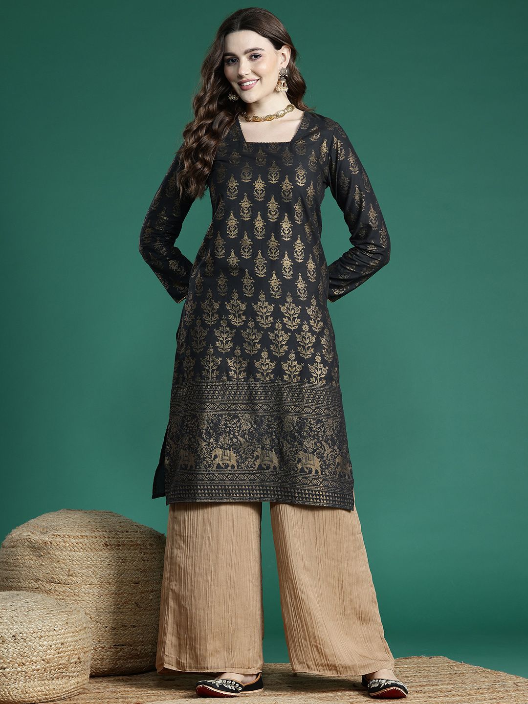 Sangria Ethnic Motifs Printed Gotta Patti Kurta | Grocsy