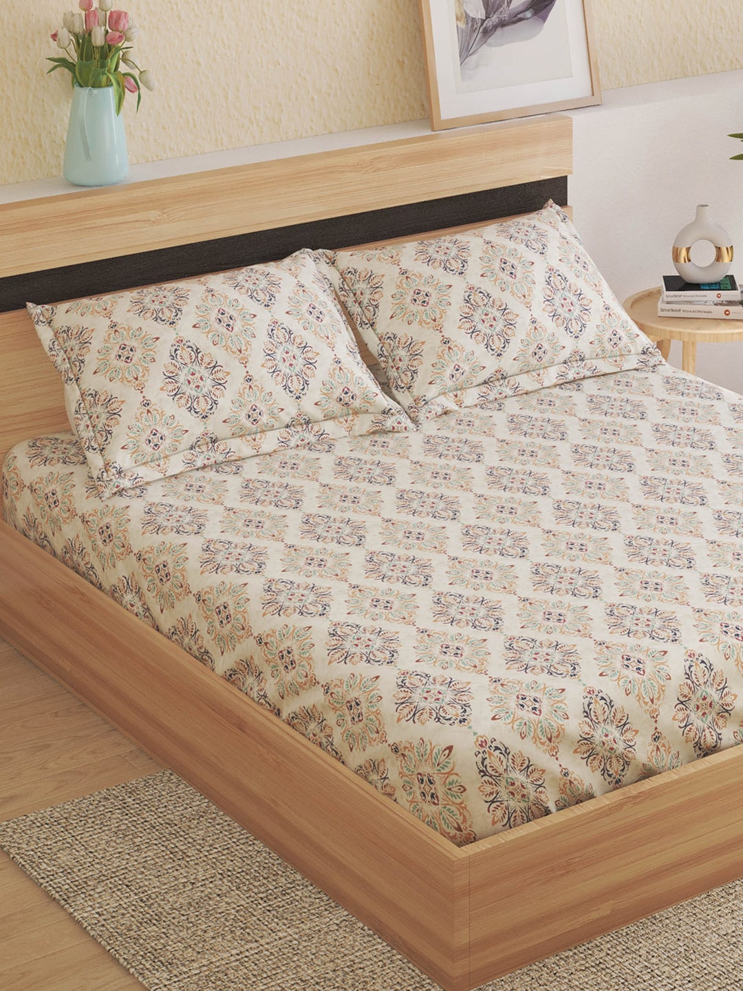 Home Centre Beige & Navy Blue Ethnic Motifs Cotton 150 TC King Bedsheet & 2 Pillow Covers | Grocsy