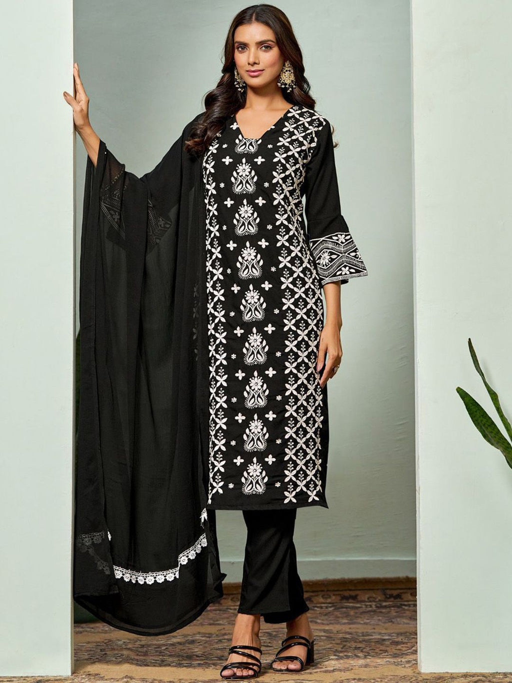 Sangria Chikankari Embroidered Straight Kurta & Trouser With Dupatta | Grocsy