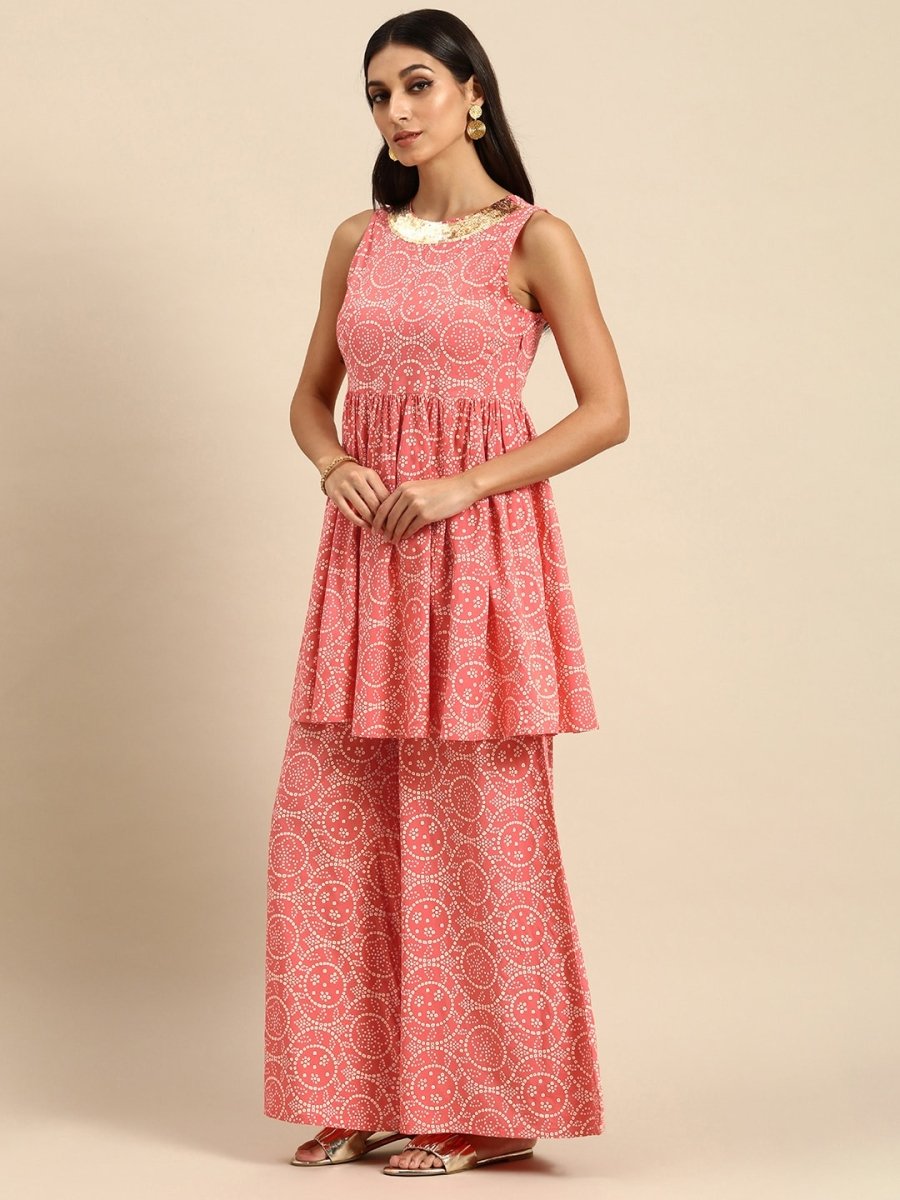 All About You Women Peach Pin & White Bandhani Print Pleated Sequinned Kurti with Palazzos | Grocsy