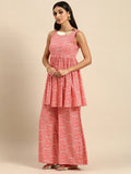 All About You Women Peach Pin & White Bandhani Print Pleated Sequinned Kurti with Palazzos | Grocsy