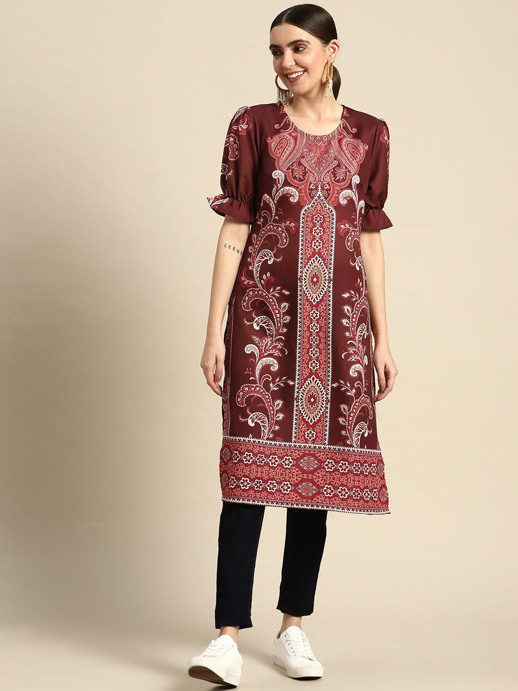 Sangria Women Ethnic Motifs Printed Puff Sleeves Straight Kurta | Grocsy