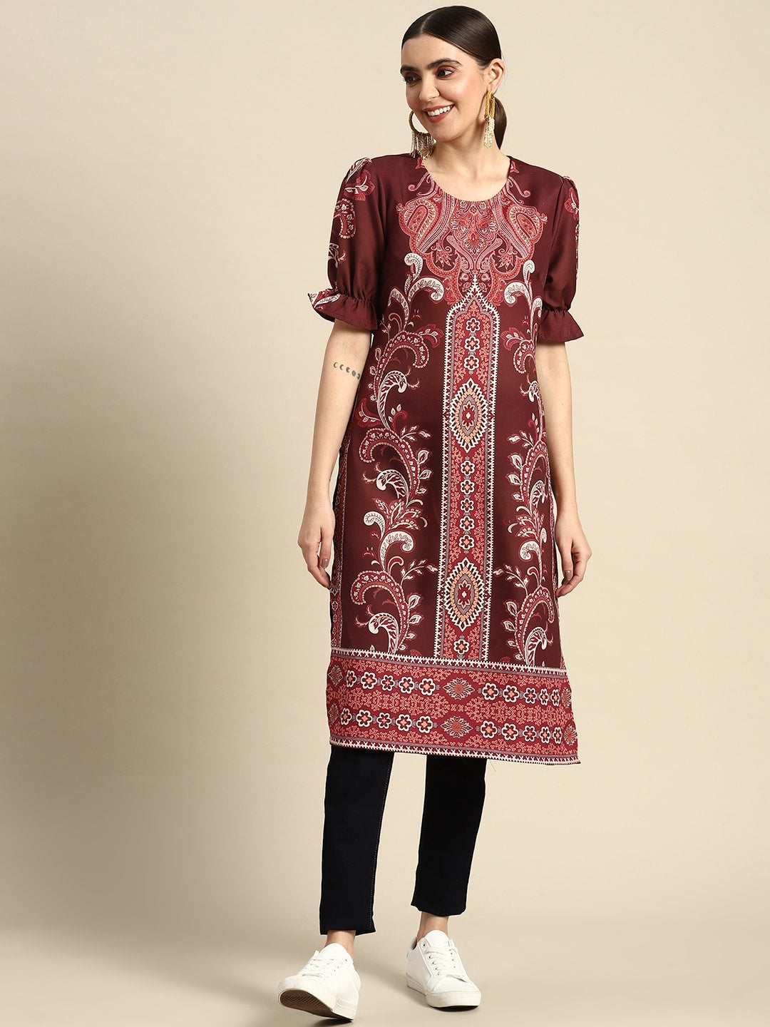 Sangria Women Ethnic Motifs Printed Puff Sleeves Straight Kurta | Grocsy