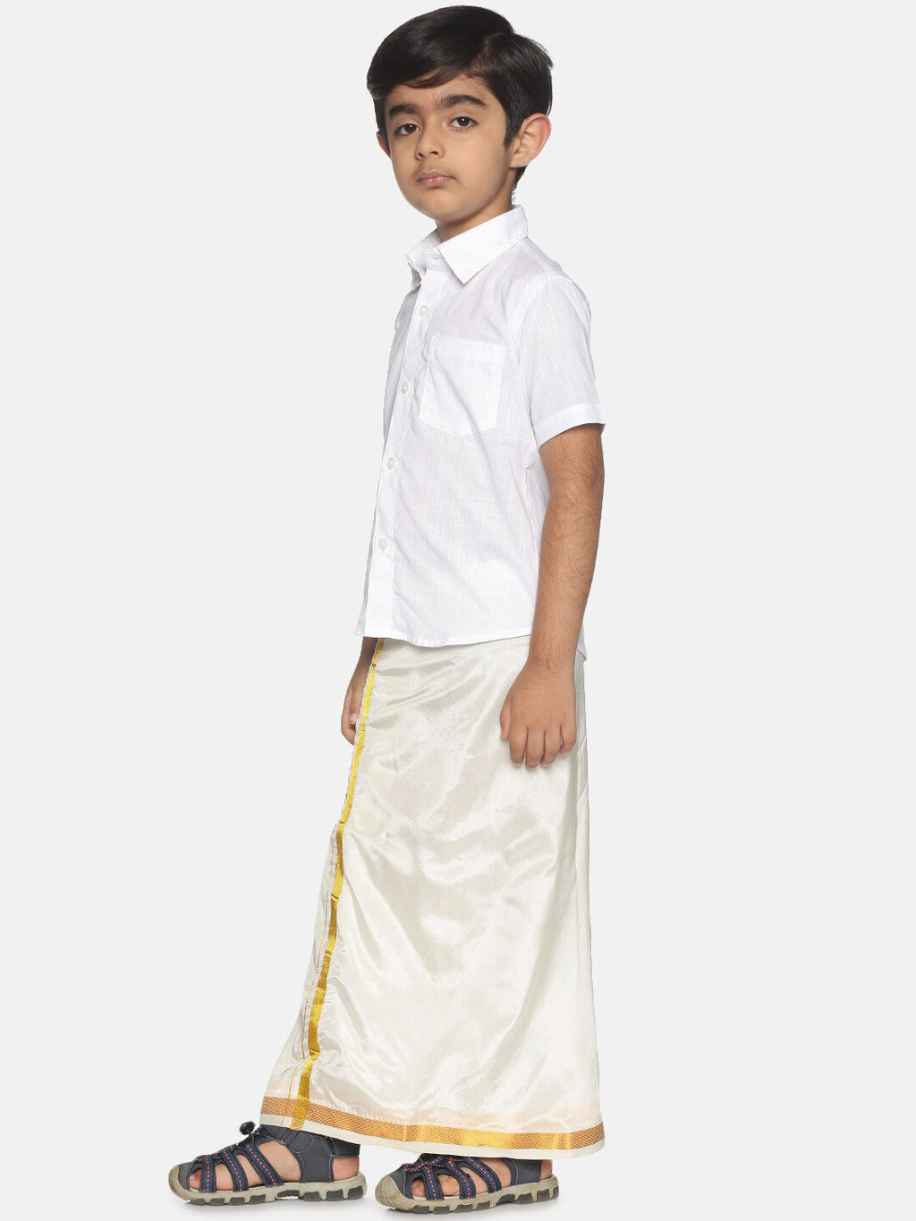 Sethukrishna Boys White & Gold-Toned Pure Cotton Shirt with Dhoti Set | Grocsy