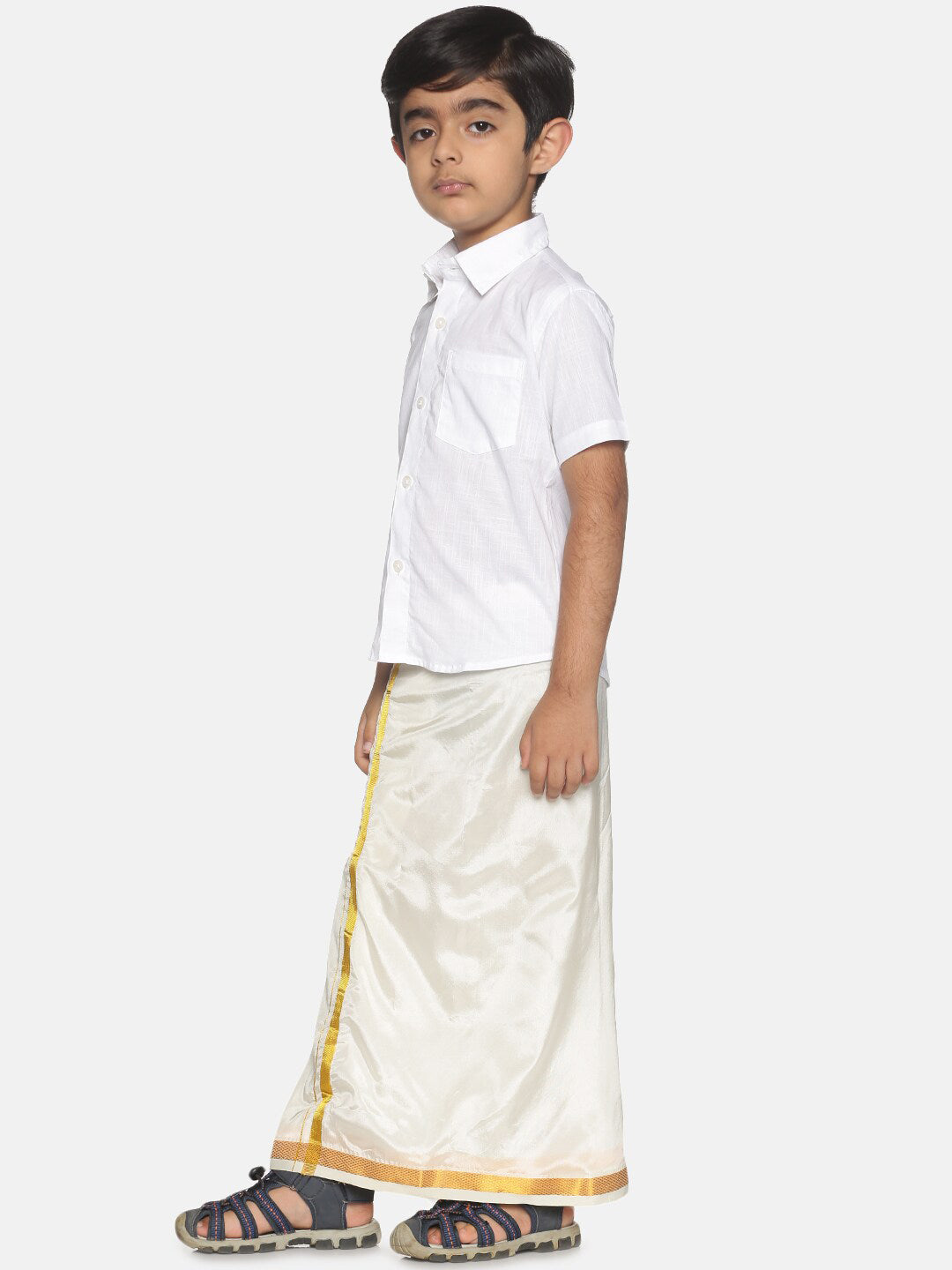 Sethukrishna Boys White & Gold-Toned Pure Cotton Shirt with Dhoti Set | Grocsy