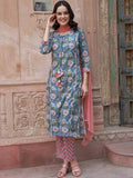 Sangria Blue Floral Printed Gotta Patti Pure Cotton Kurta with Trousers & Dupatta | Grocsy