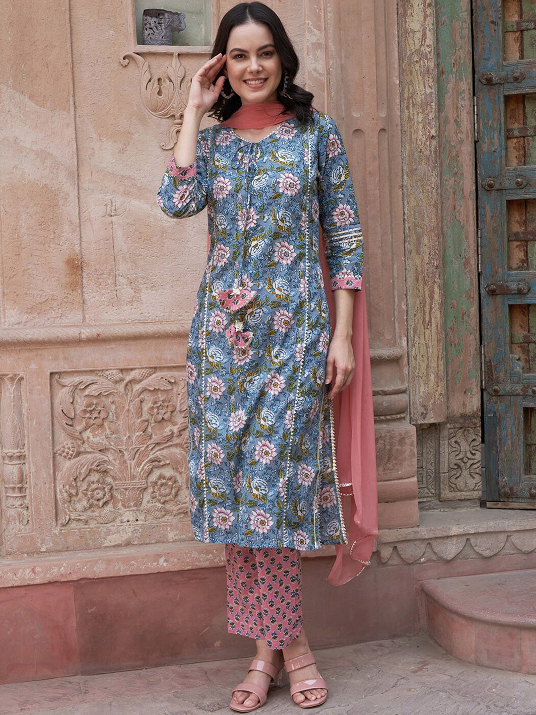 Sangria Blue Floral Printed Gotta Patti Pure Cotton Kurta with Trousers & Dupatta | Grocsy