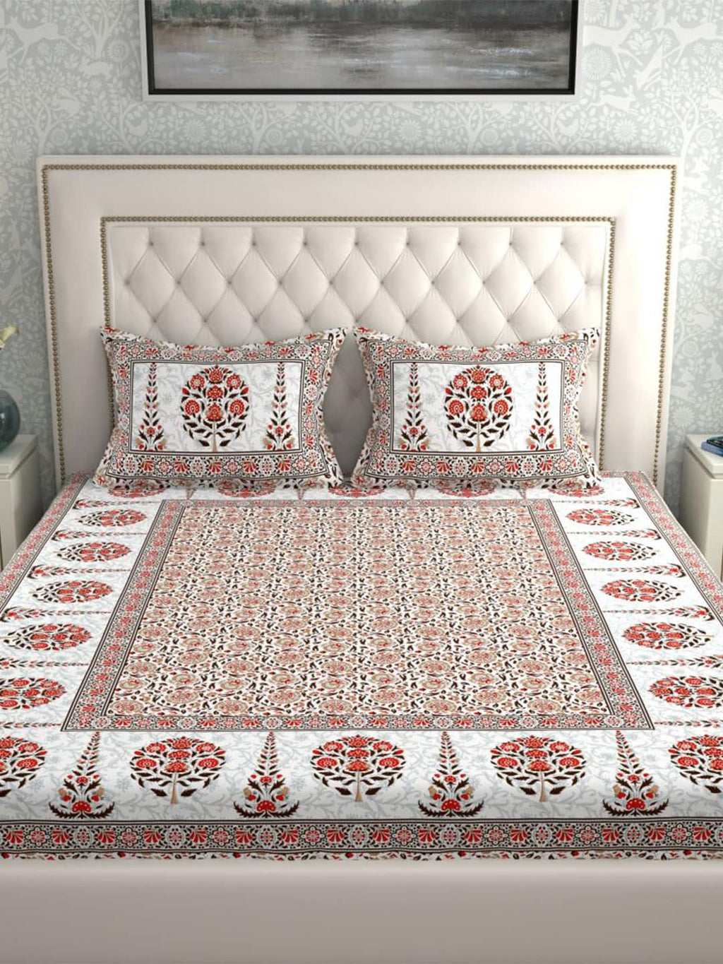 LA VERNE White & Maroon Ethnic Motifs 140 TC Cotton King Bedsheet With 2 Pillow Covers | Grocsy
