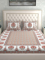 LA VERNE White & Maroon Ethnic Motifs 140 TC Cotton King Bedsheet With 2 Pillow Covers | Grocsy