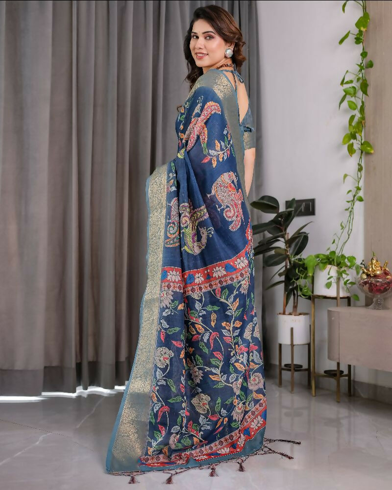 PR Fashion Blue Pure Handloom Linen Saree | Grocsy