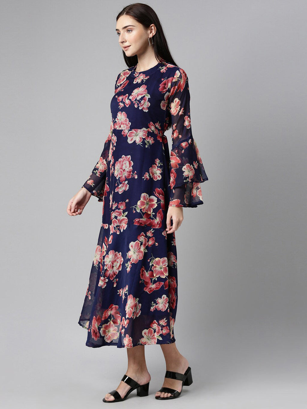 Souchii Floral Printed Round Neck Midi Dress | Grocsy
