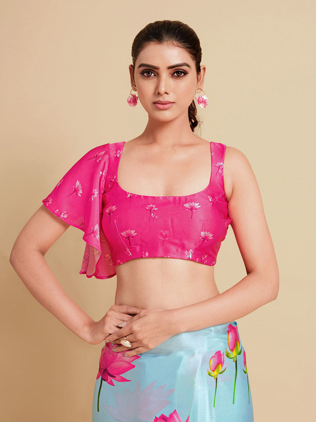 Sangria Turquoise Blue & Magenta Floral Zari Satin Saree | Grocsy