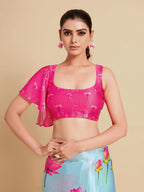 Sangria Turquoise Blue & Magenta Floral Zari Satin Saree | Grocsy