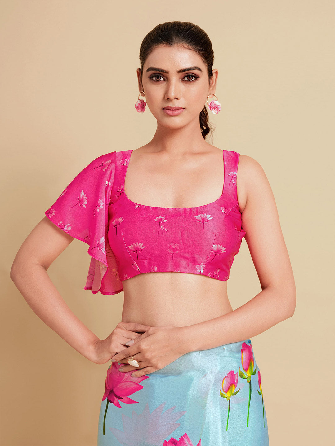 Sangria Turquoise Blue & Magenta Floral Zari Satin Saree | Grocsy