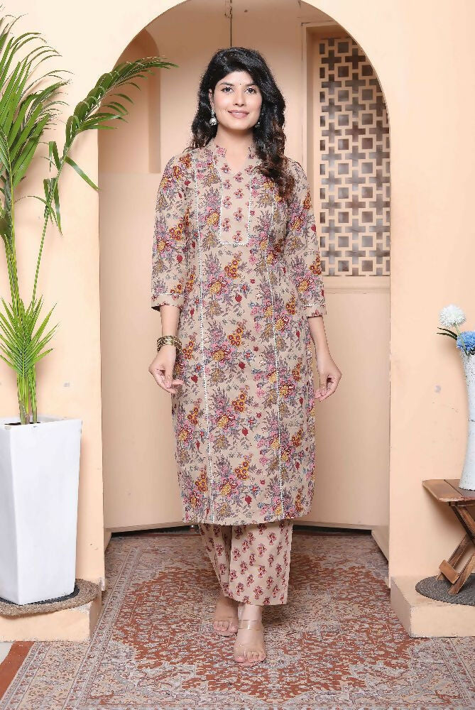 Miravan Womens Pure Cotton Straight Floral Printed Kurta With Palazzo-Multicolor | Grocsy
