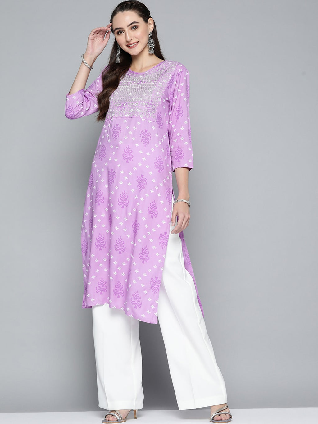 HERE&NOW Women Purple & White Ethnic Motifs Printed Embroidered Work Kurta | Grocsy