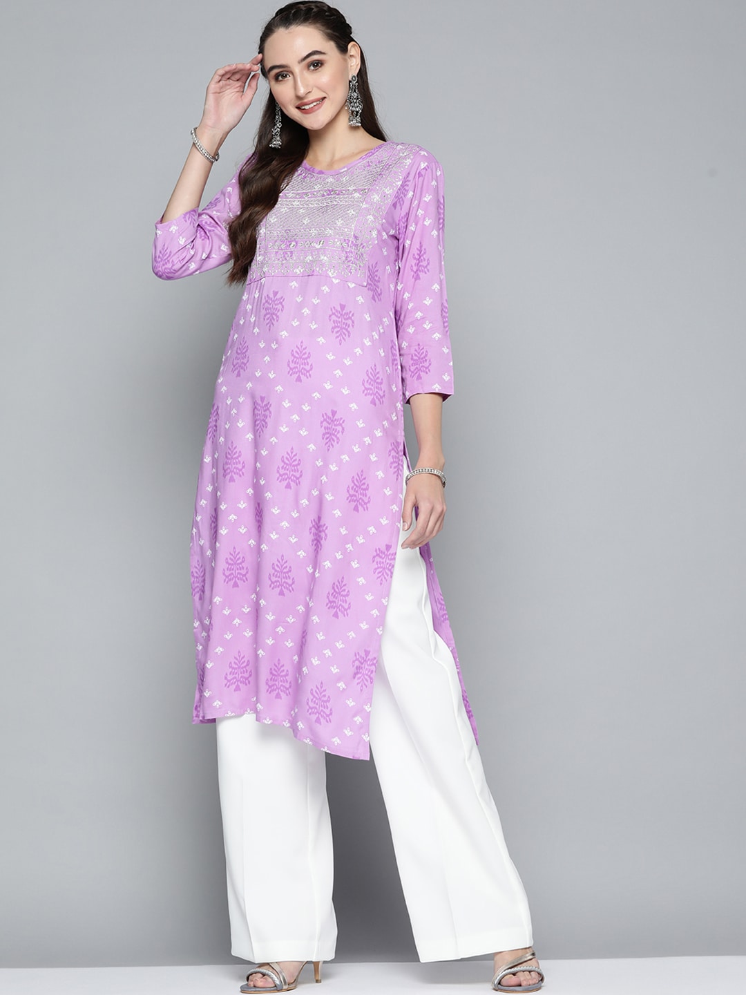 HERE&NOW Women Purple & White Ethnic Motifs Printed Embroidered Work Kurta | Grocsy