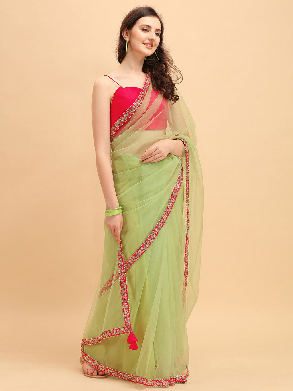 Sangria Green & Red Embroidered Net Saree | Grocsy