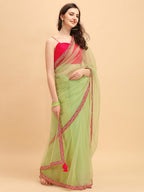 Sangria Green & Red Embroidered Net Saree | Grocsy