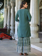 Juniper Women's Green Chinnon Embroidered Kurta Garara Set | Grocsy