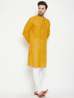 Even Apparels Yellow Pure Cotton Long Men's Kurta With Band Collar | Grocsy